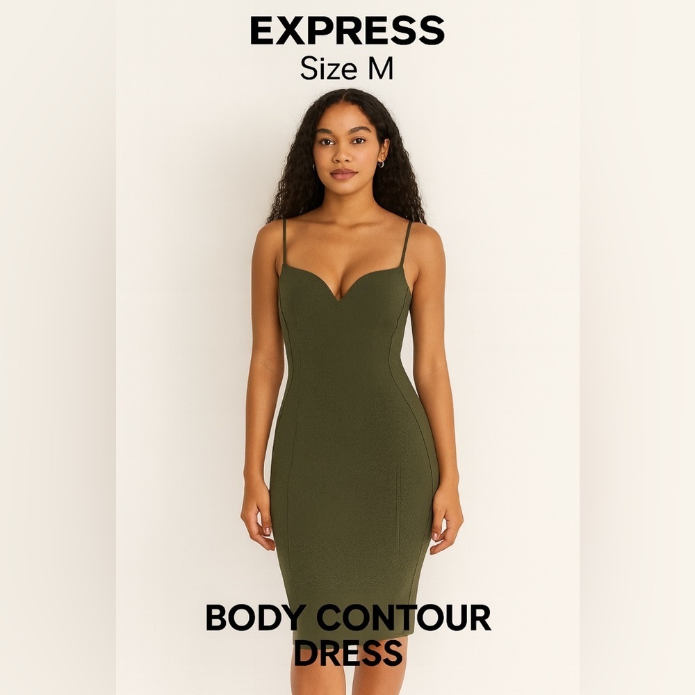 Express‎ Women's Midi Bodycon Sweater Dress Olive Green  V-Neck Stretch